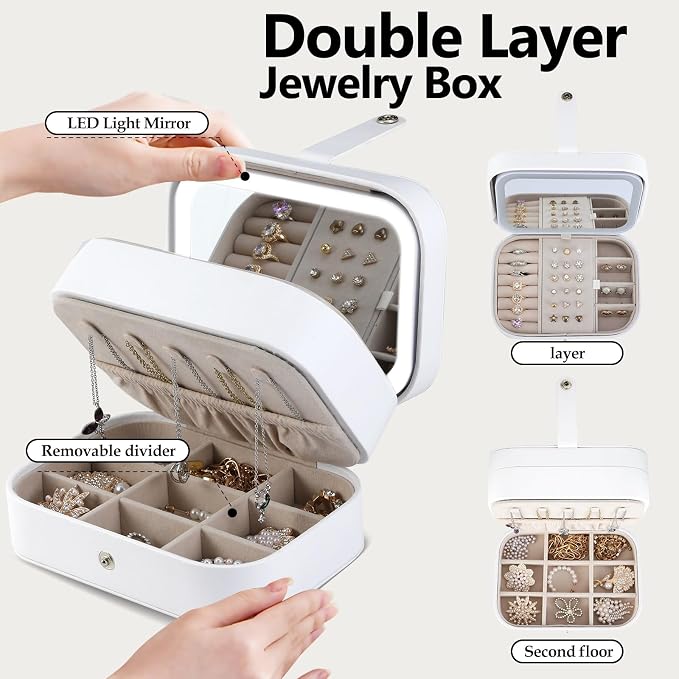 Travel Jewelry Case with LED Lighted Mirror, Portable Travel Jewelry Organizer - Image 2
