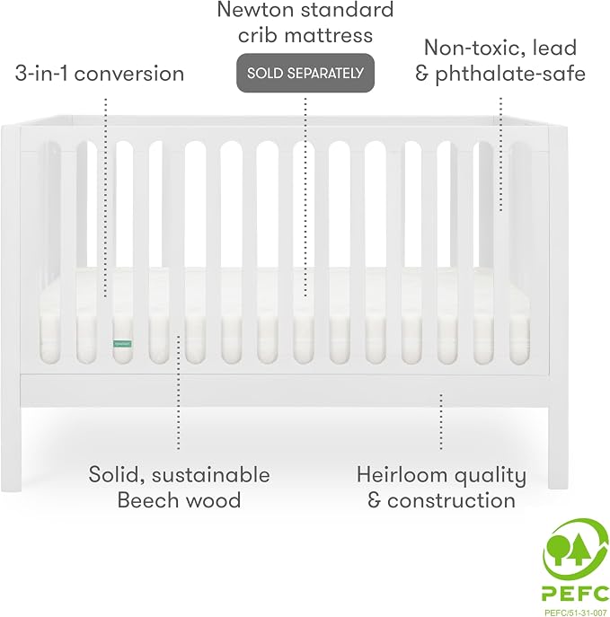 Newton Baby Galileo Standard Crib, Solid Beech Wood in White Color, 3-in-1 - Image 5