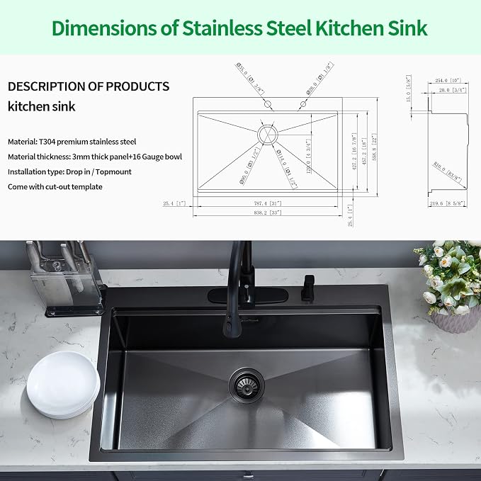 Kitchen Sink, 33 x 22 Drop in Kitchen Sink Gunmetal Black 16 Gauge Stainless - Image 7