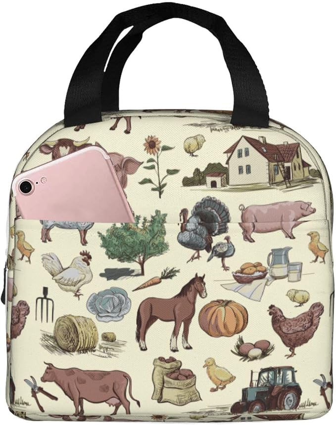 Farm Animal Lunch Bag Farm Lunch Box Insulated Reusable Lunch Tote Bag Cooler by DMPROD