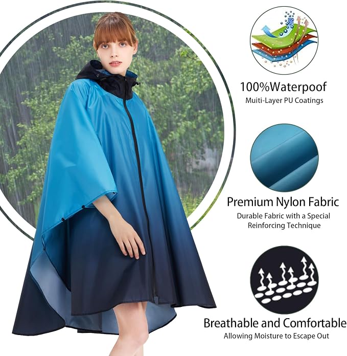 Rain Poncho Jacket Coat Hooded Zipper Style - Image 3