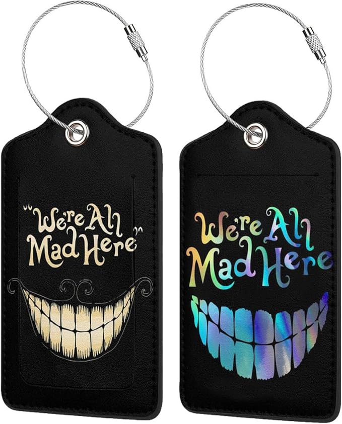 2 Pack Luggage Tags for suitcases Funny Cute Smiley Face We're All Mad Here by Wvpslak