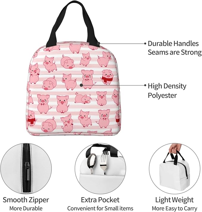 Pink Pig Lunch Box Animal Lunch Bag Insulated Reusable Lunch Tote Bag Cooler - Image 7