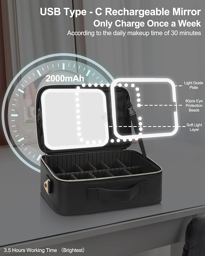 Chomeiu Makeup Bag with LED Mirror, Travel Cosmetic Train Case - Image 6