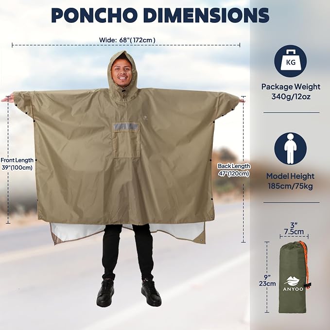 ANYOO Hooded Rain Poncho for Adults Waterproof Lightweight Rain Coat for Men - Image 2
