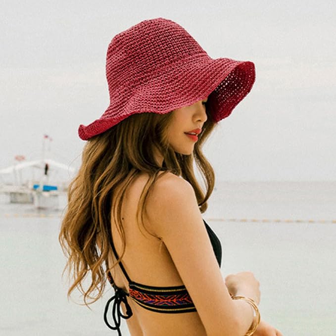 Womens Wide Brim Straw Sun Hat Foldable Floppy Crochet Beach Hat - Image 8