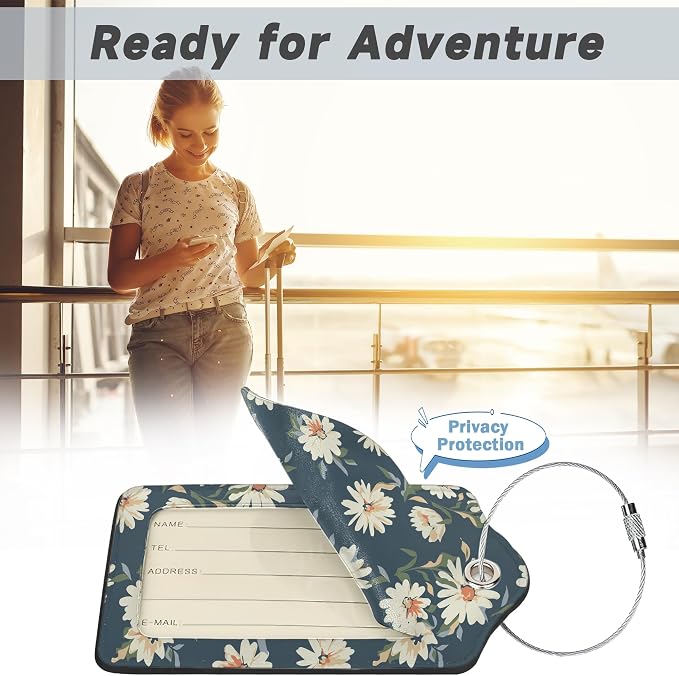 2 Pack Leather Luggage Tag for Suitcase Retro Daisy Flower Unique Travel Tags - Image 5