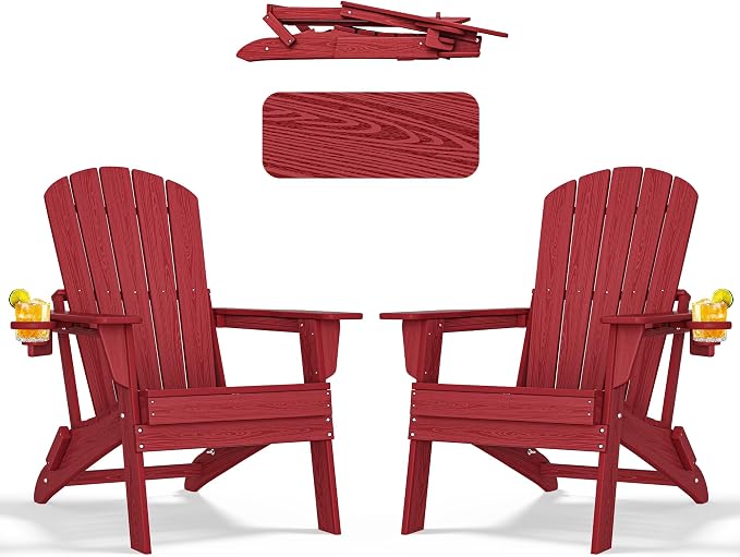 Folding Adirondack Chair with Cup Holder Set of 2, HDPE All-Weather Patio Chairs by nevilywood
