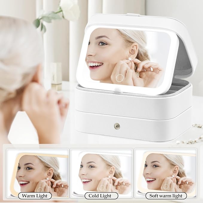 Travel Jewelry Case with LED Lighted Mirror, Portable Travel Jewelry Organizer - Image 3