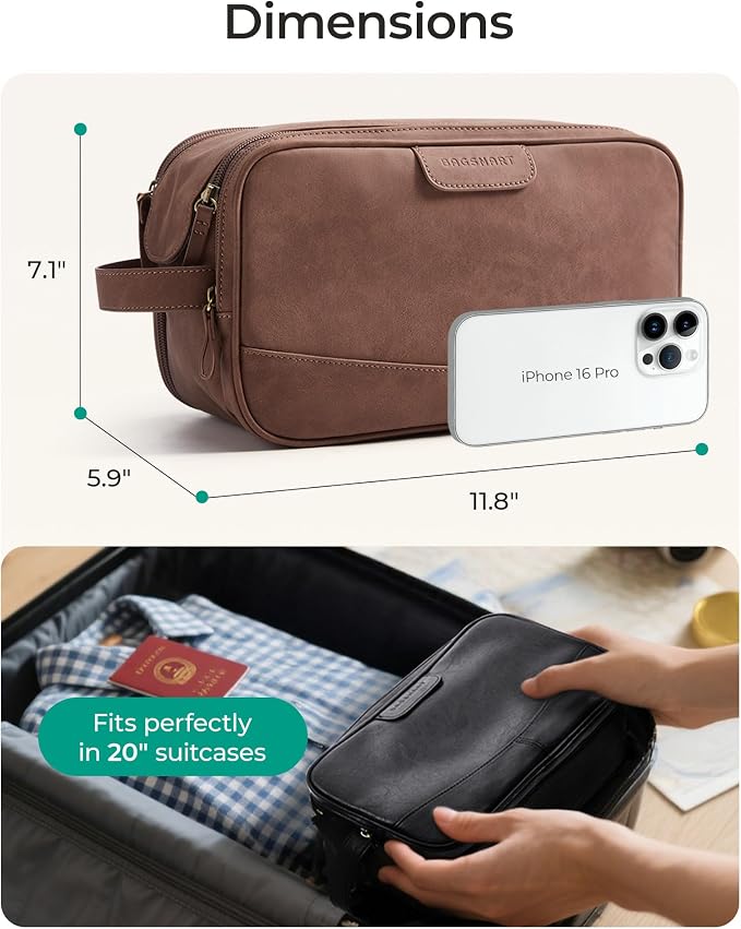 BAGSMART Toiletry Bag for Men, PU Leather Travel Bag for Toiletries, Dopp Kit - Image 5