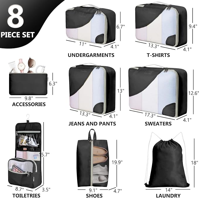 8 Set Packing Cubes for Travel, Gifts for Men, Anti-Tearing Suitcase Organizer - Image 2