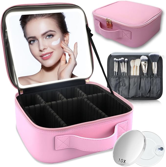 Makeup Bag with Led Mirror, Travel Makeup Organizer with 3 Color Setting & 10X by SUILU