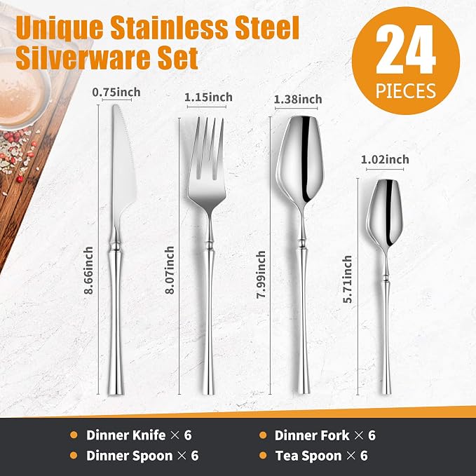 24-Piece Silverware Set for 6, Modern 18/10 Stainless Steel Flatware Set - Image 2
