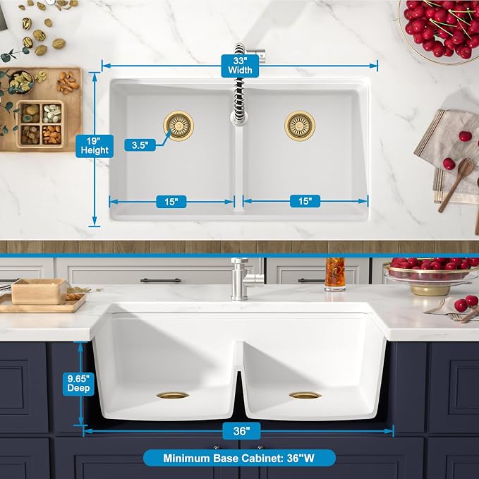 33 Inch Classic White Undermount Granite Composite Kitchen Sink Under Counter - Image 5