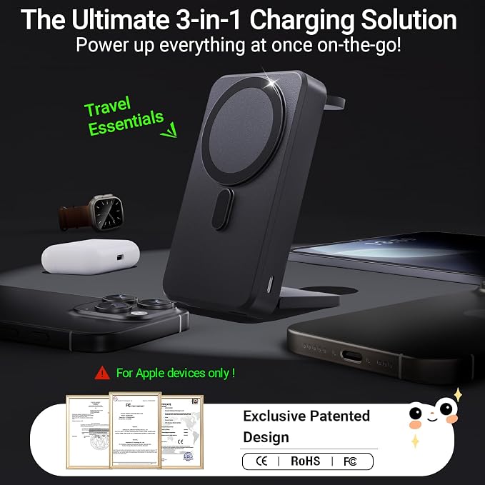 3-in-1 Portable Charger, 10000mAh Foldable Power Bank Fast Charging, MagSafe - Image 2