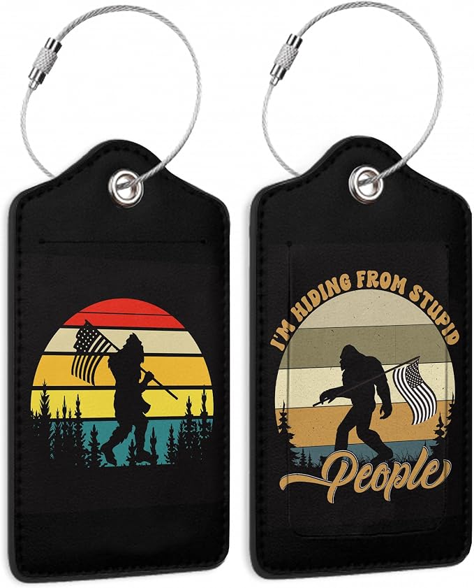 2 Pack Luggage Tag for Suitcase, Bigfoot American Flag Leather Bag Tags by TXIANT