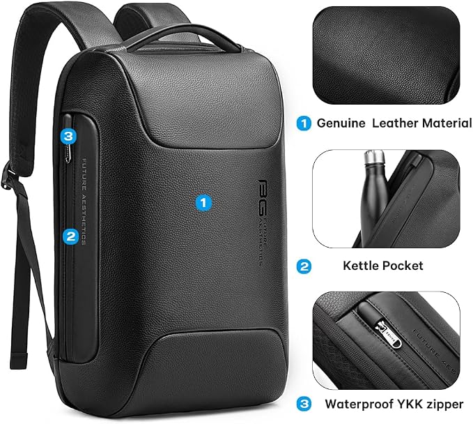 BANGE Black Genuine Leather Laptop Backpack - Image 7