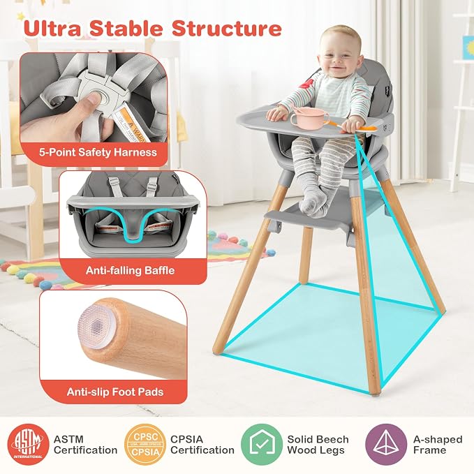 HONEY JOY Baby High Chair, 6 in 1 Convertible Wooden Highchair - Image 5