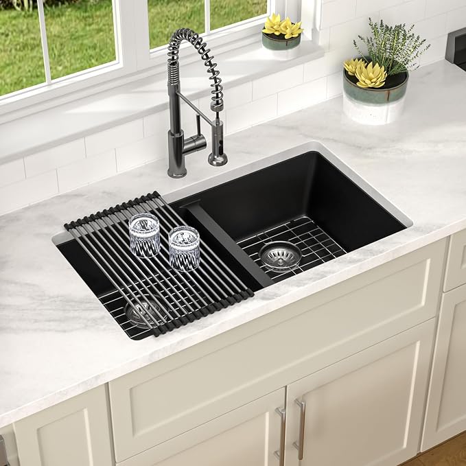 Dcolora 33 inch Quartz Matte Black Granite Composite Double Bowl Undermount - Image 7