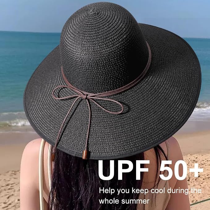 DRESHOW Beach Hats for Women Big Straw Wide Brim Summer Hat Floppy Foldable - Image 3