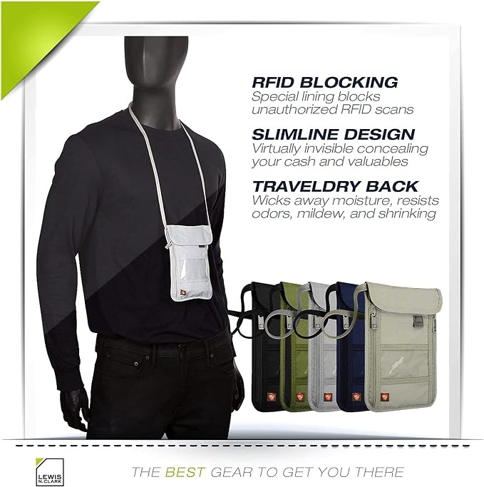 Lewis N. Clark Men's RFID Blocking Stash Wallet, Travel Neck Pouch Passport - Image 2