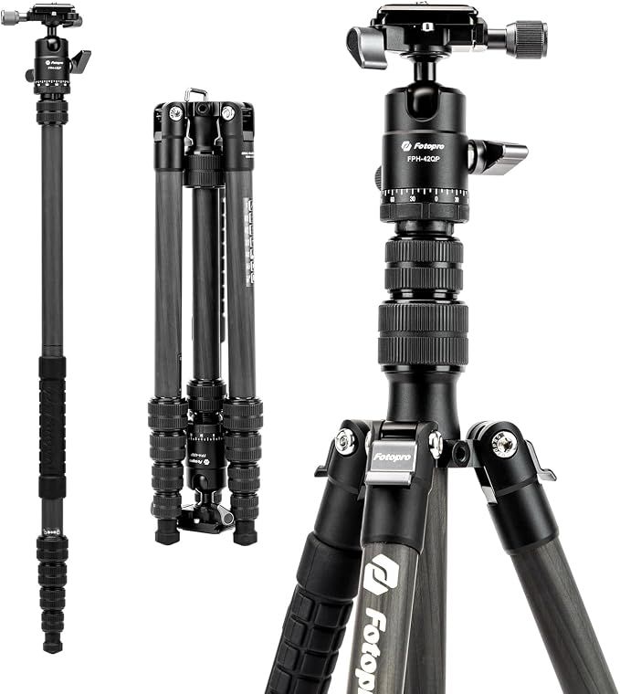 Fotopro 59" Carbon Fiber Travel Tripod, Lightweight Compact Camera Tripod by Fotopro
