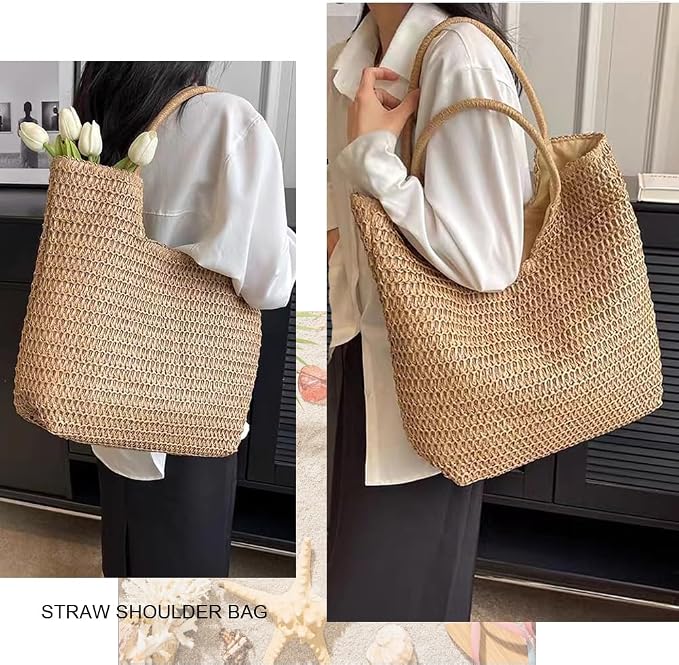 Straw Beach Bags for Women Woven Beach Tote Bag Casual Boho Large Shoulder - Image 7