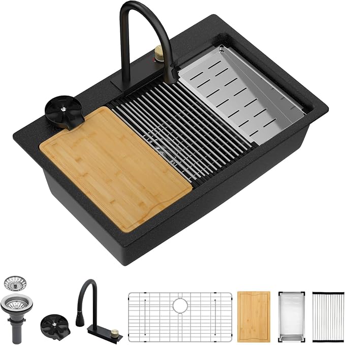 Dcolora Waterfall Smart Kitchen Sink 33x22 Drop In Single Bowl Multifunctional by Dcolora