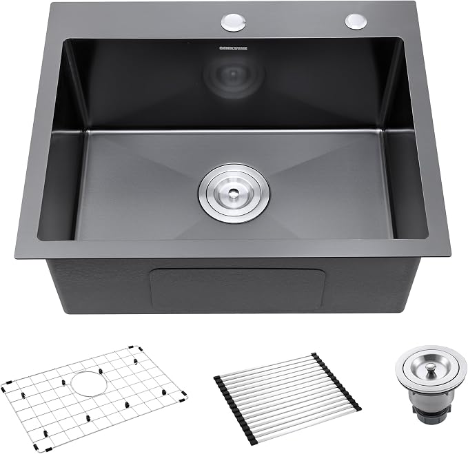 Black Kitchen Sink Drop-In 22 x 18 inch, SINKVINE PVD Nano Stainless Steel Bar by SINKVINE