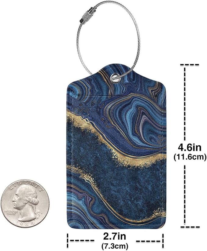 2PC Dark Blue Marble Luggage Tags Leather Suitcase Tag Privacy Name ID Card - Image 4