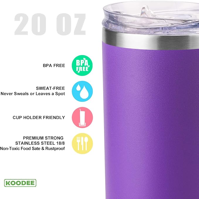 koodee 20 oz Tumbler with Lid and Straw-4 Pack Skinny Tumbler Stainless Steel - Image 4