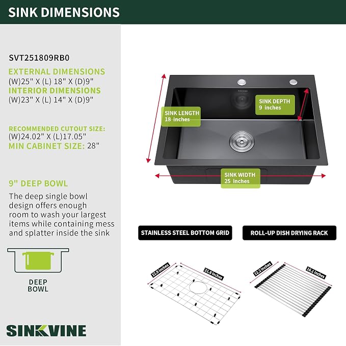 Black Kitchen Sink Drop-In 25 x 18 inch, SINKVINE PVD Nano Stainless Steel - Image 3