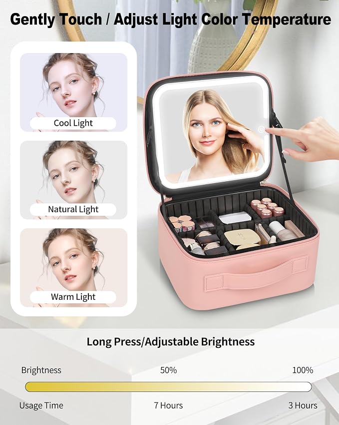 Makeup Bag With LED Mirror, Travel Makeup Case with Light up Mirror Large - Image 3