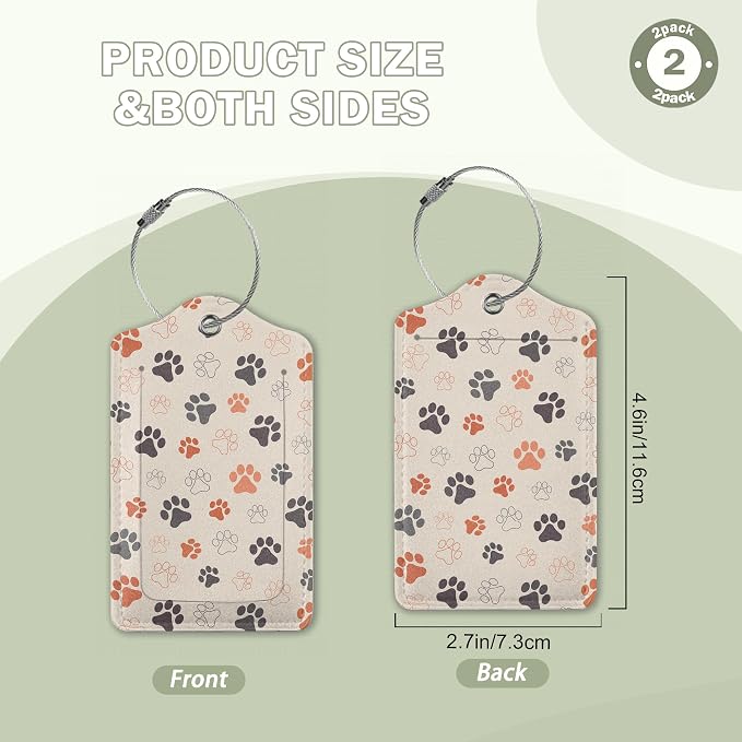 2 Pack Luggage Tags for Suitcase, Dog Cat Paws Leather Luggage Tag Bag Tags - Image 2