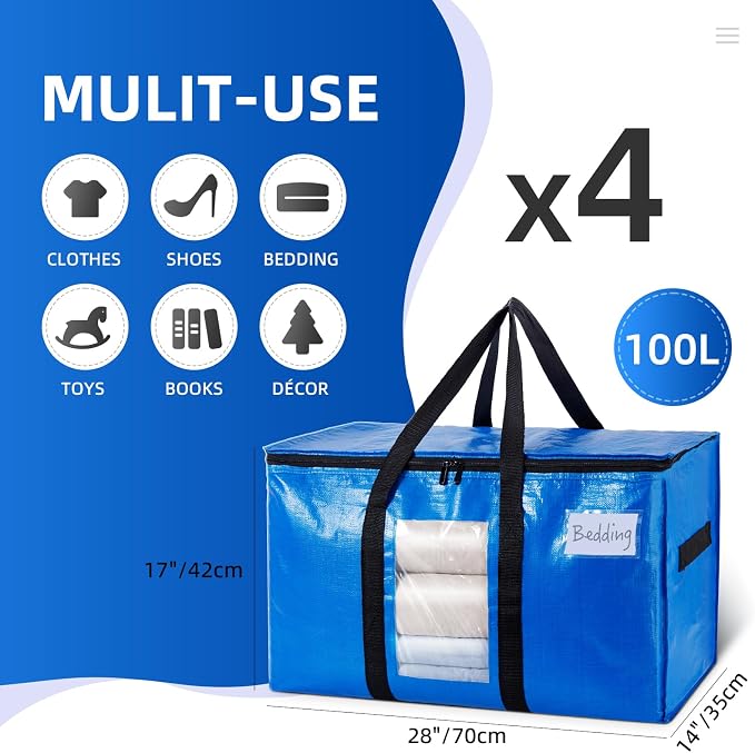 TAILI Extra Large Moving Bags, 4 Pack Blue Heavy Duty Totes - Image 6