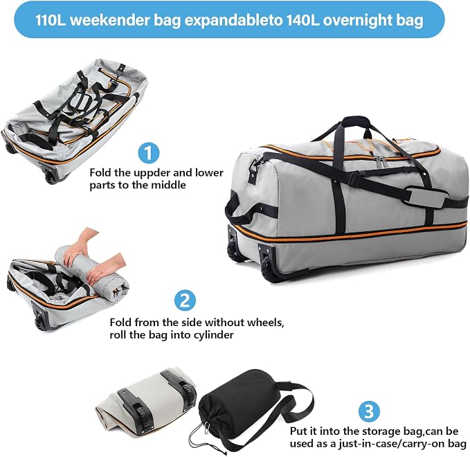 Vomgomfom Wheeled Collapsible Duffel Bag, 110L-140L Expandable Checked Luggage - Image 5