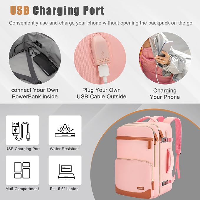 40L Travel Backpack with USB Charging Port, Water-Resistant Carry On Backpack - Image 2
