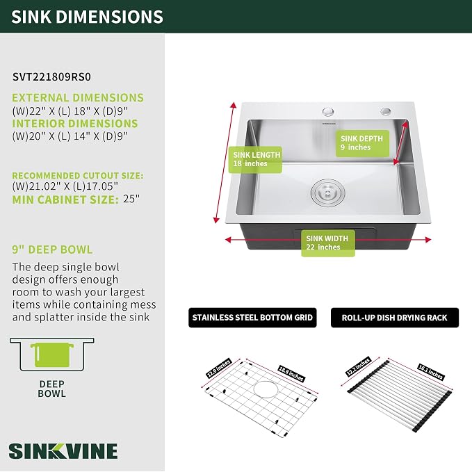 22 Inch Drop-In Kitchen Sink, SINKVINE 22" x 18" Stainless Steel Indoor and - Image 3