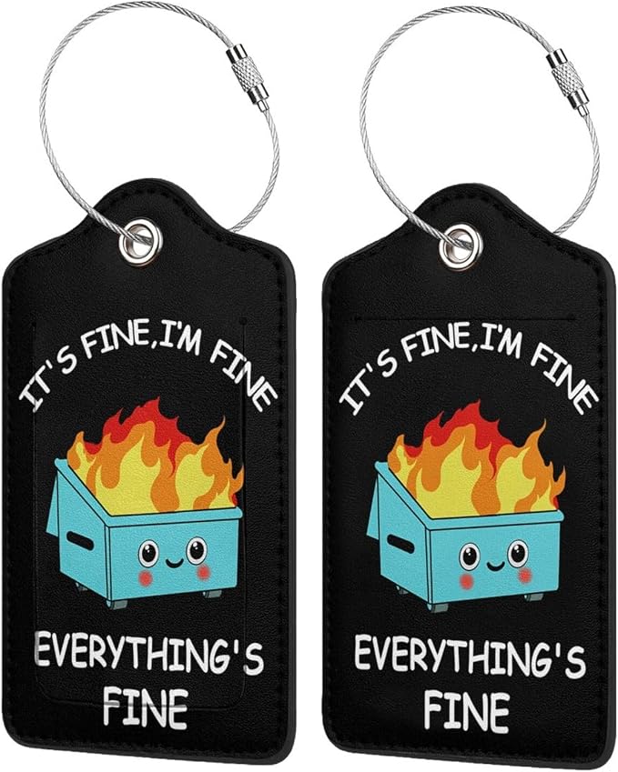 2 Pack Luggage Tags for suitcases Funny Cute Black Trash on fire I'm Fine It's by Wvpslak
