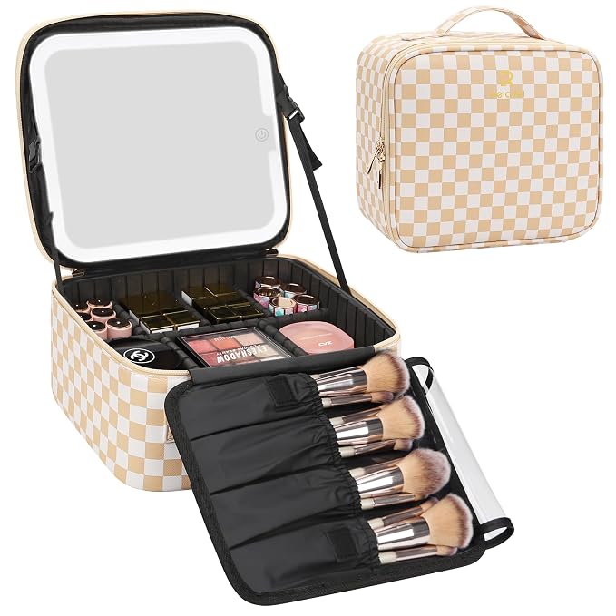 Relavel Travel Makeup Bag With LED Mirror, Cosmetic Train Case with Light up by Relavel
