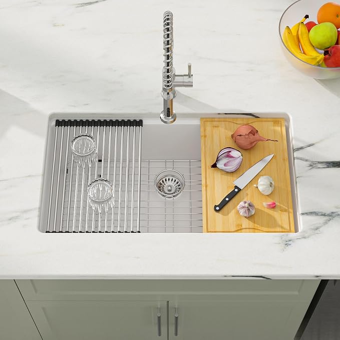 Dcolora 33 Inch White Granite Composite Kitchen Sink Workstation Undermount - Image 2