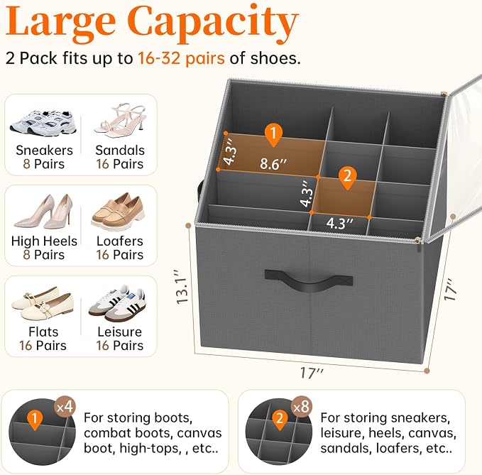 3 Pack Shoe Organizer for Closet, Foldable Shoe Storage Containers, Fits up to - Image 2