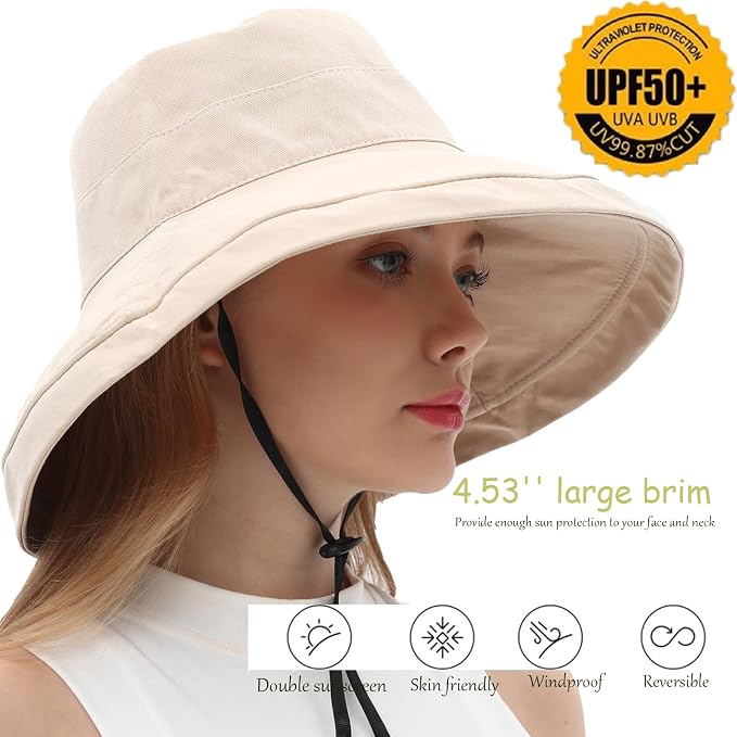 vidsel Womens Sun Hats Wide Brim Reversible Bucket Cotton Hat Packable Summer - Image 4