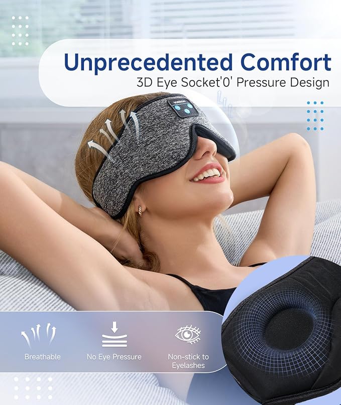 Voerou Sleep Mask with Bluetooth Headphones, Zero Pressure Wireless Sleeping - Image 3