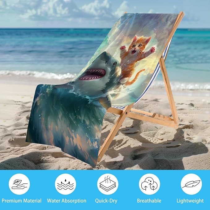 WZOMT Cute Cat Beach Towel, Microfiber Shark Beach Towel, Funny Cat Ride Shark - Image 2