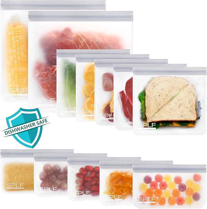 SPLF 12 Pack Dishwasher Safe Reusable Storage Bags, Extra Thick Freezer Bags by SPLF