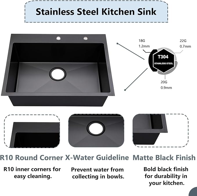 COMLLEN 33"x22"x9" Black Drop In Kitchen Sink, Top Mount SUS304 Stainless Steel - Image 5