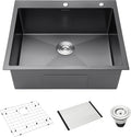 Black Drop-In Kitchen Sink 25 x 22 inch, SINKVINE PVD Nano Stainless Steel Sink by SINKVINE