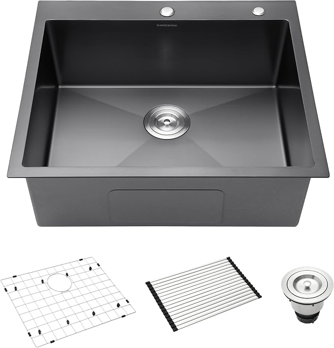 Black Drop-In Kitchen Sink 25 x 22 inch, SINKVINE PVD Nano Stainless Steel Sink by SINKVINE