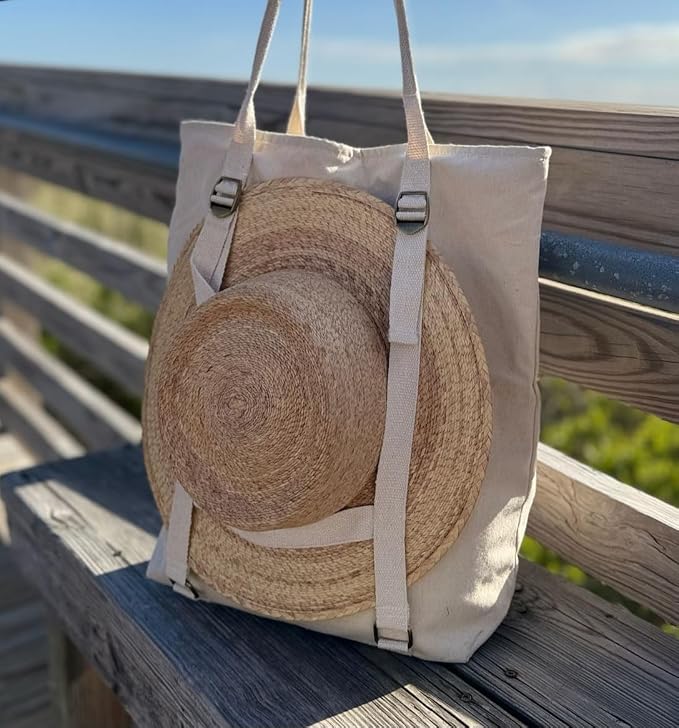 Large Beach Tote Bag with Hat Holder Straps, Womens large beach bag- Vation - Image 3